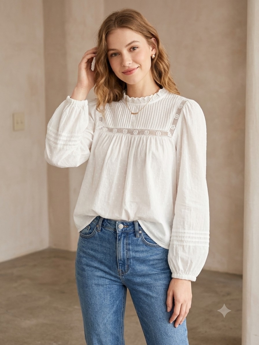 100% Organic Cotton , Cleobella White Lace Yoke Peasant Blouse